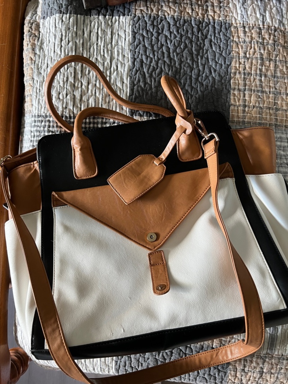 Tri-Color Tote Bag in White, Black & Tan